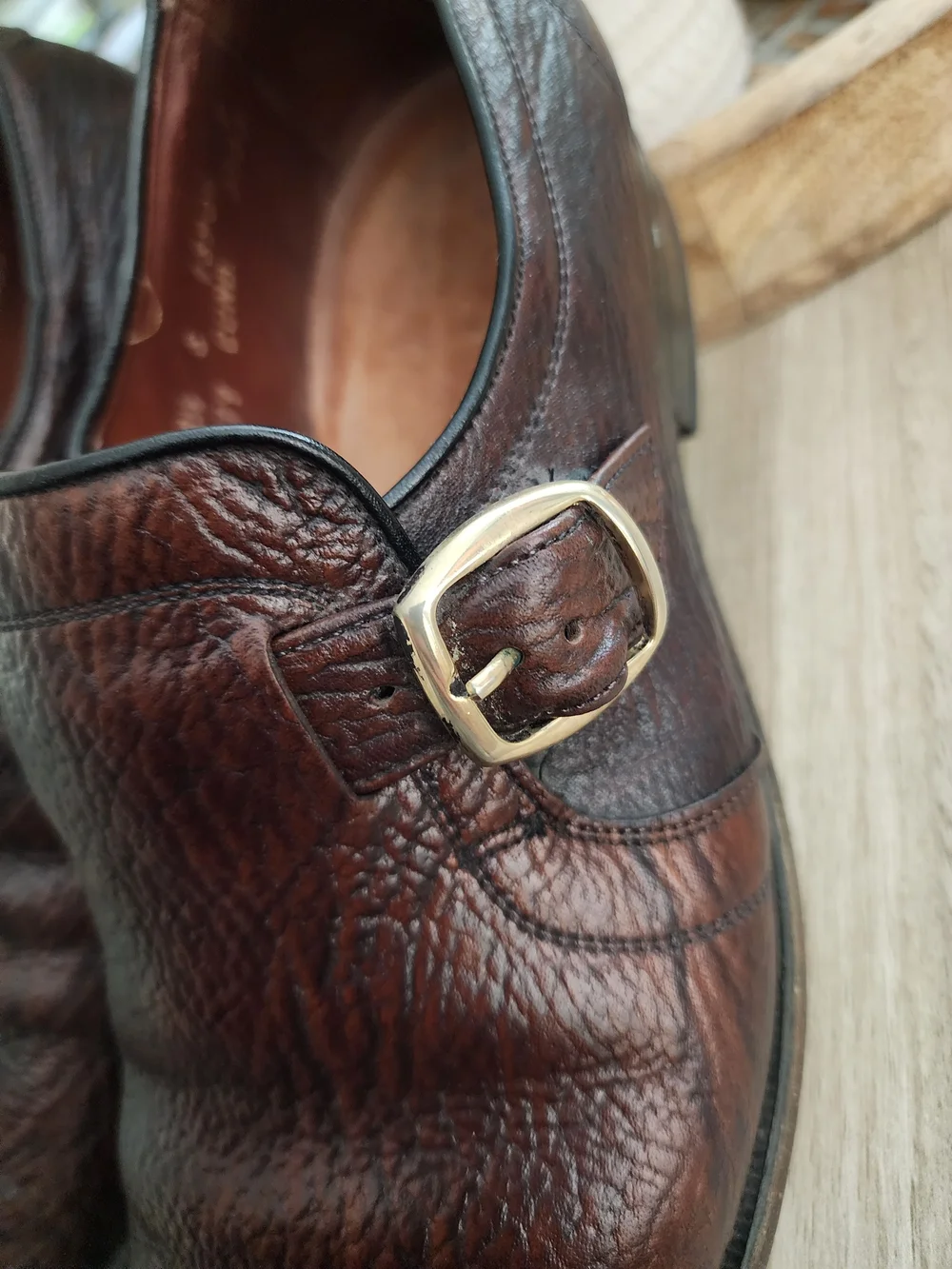 Vintage Allen Edmonds Warton Sharkskin Monk Strap Shoes Brown 8.5 E Wide 5579